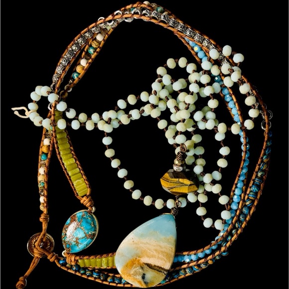 None Jewelry - Artisan Turquoise, TigersEye & Amzonite Beaded Layering Necklace Lot of 2 Boho